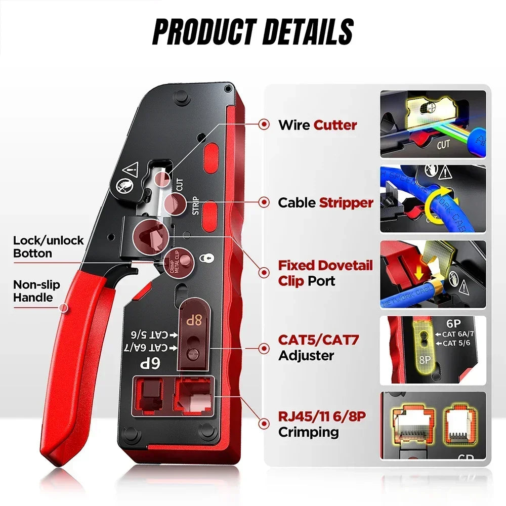 AMPCOM Cat 7 NETWORK CRIMPING Tool CRIMP/CUT/TRIM/STRIP 4-IN-1 Works with All RJ45/RJ11 Connectors Crimping Tool With two blades