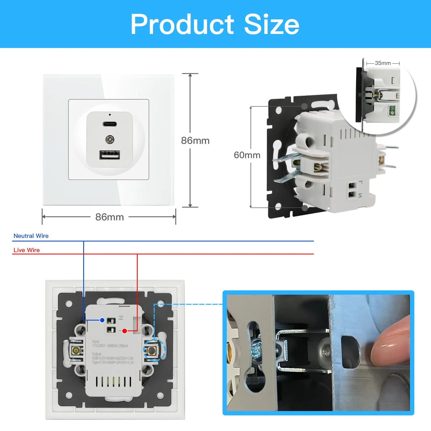 Universal 2 Port Wall USB Type-C Socket PD20W Fast Charge