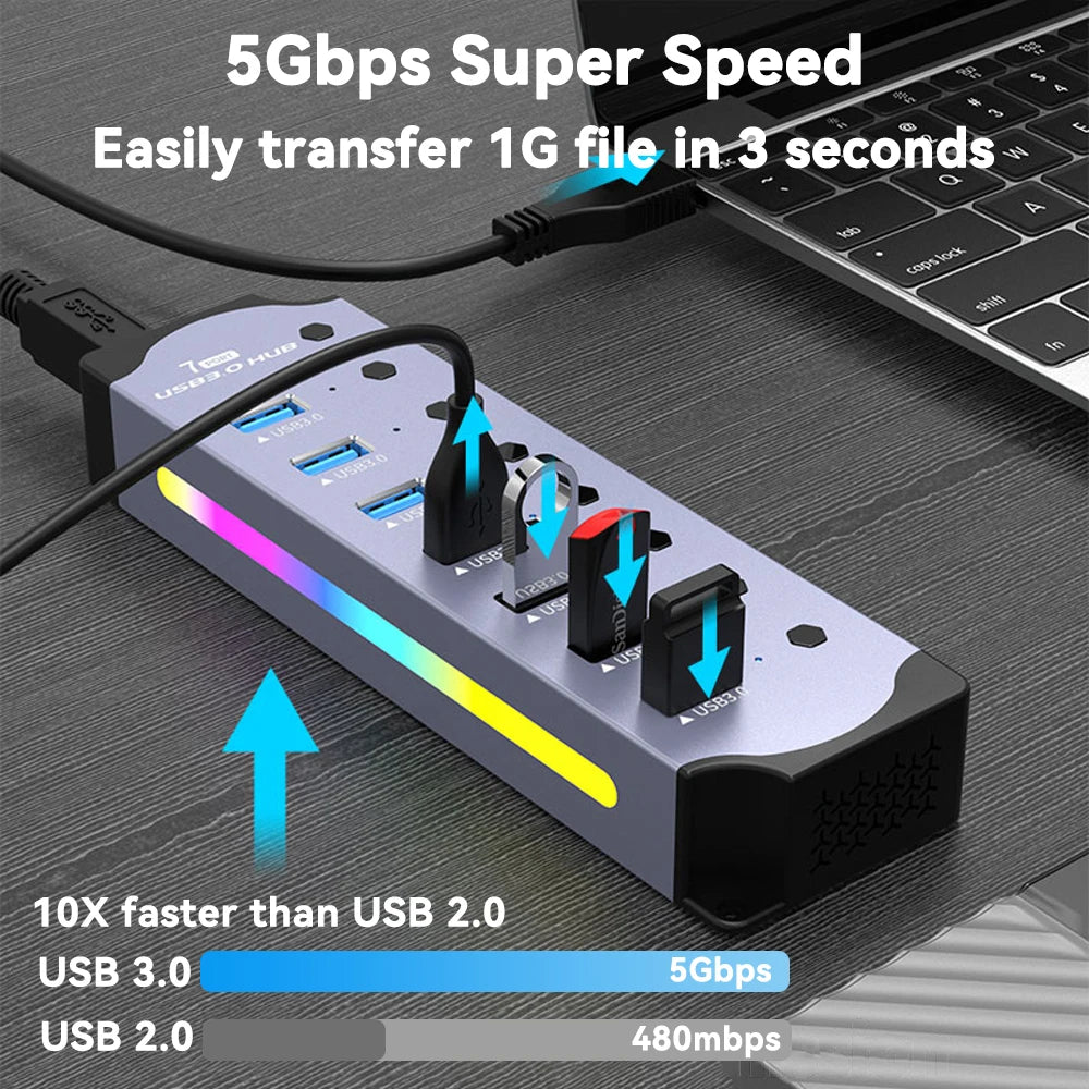 High Speed RGB 7 Ports USB 3.0 HUB Individual Switch