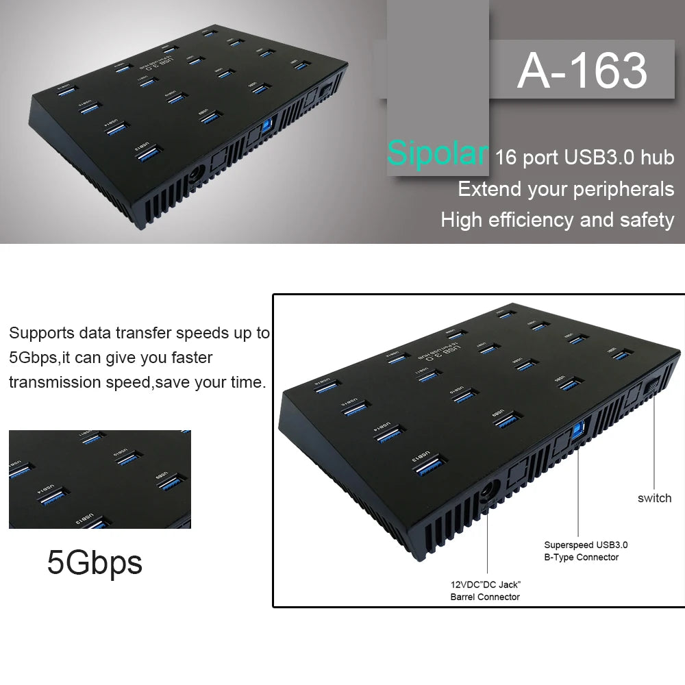 Sipolar A-163 16 Ports Industrial USB 3.0 Duplicator Hub