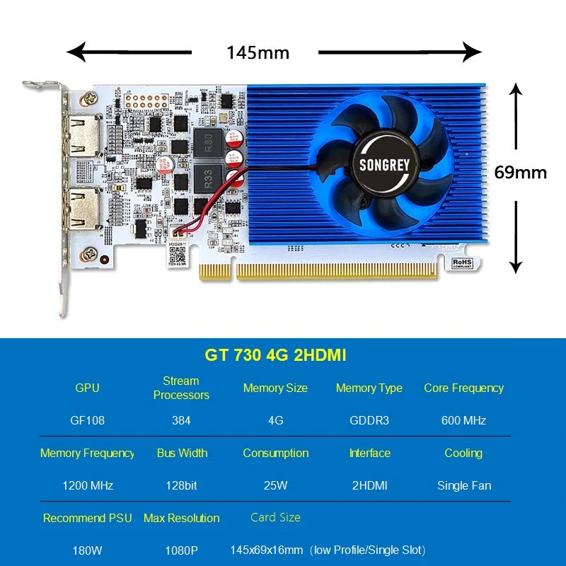 SONGREY GT730 4GB DDR3 2HDMI Graphics Card