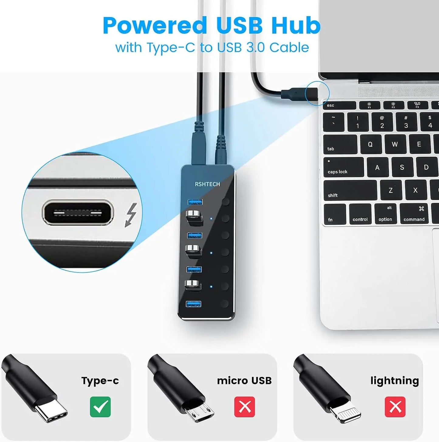 RSHTECH USB 3.0 Hub Aluminum 5Gbps USB Splitter On/Off Switch