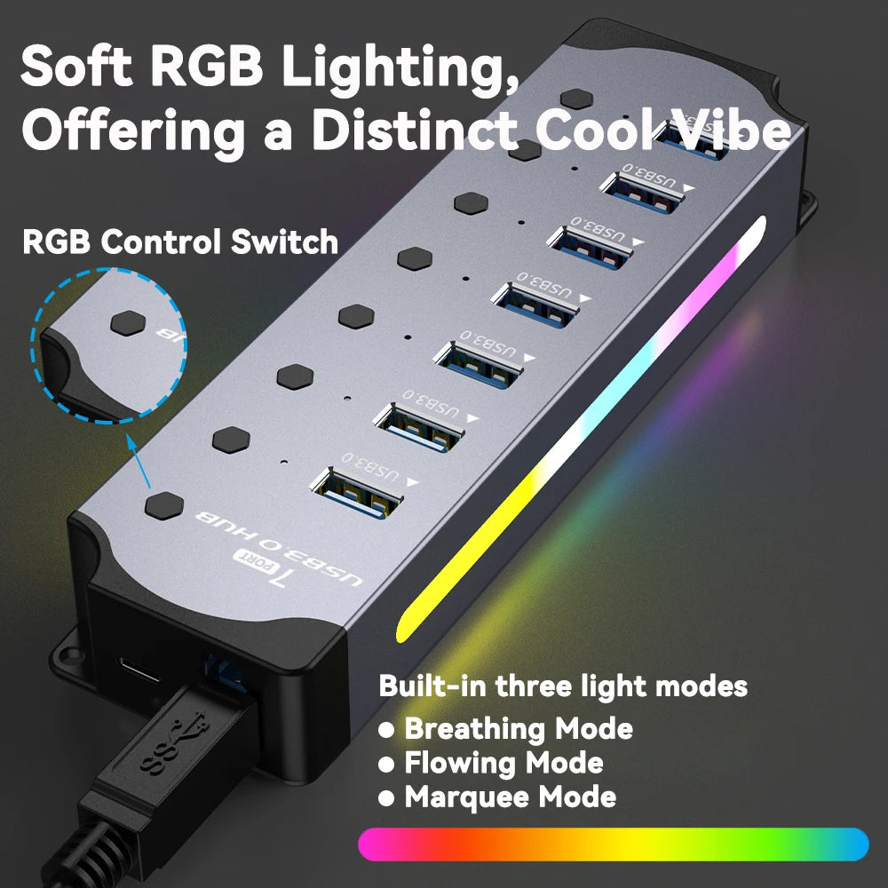 High Speed RGB 7 Ports USB 3.0 HUB Individual Switch