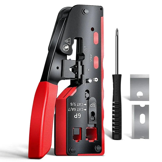 AMPCOM Cat 7 NETWORK CRIMPING Tool CRIMP/CUT/TRIM/STRIP 4-IN-1 Works with All RJ45/RJ11 Connectors Crimping Tool With two blades