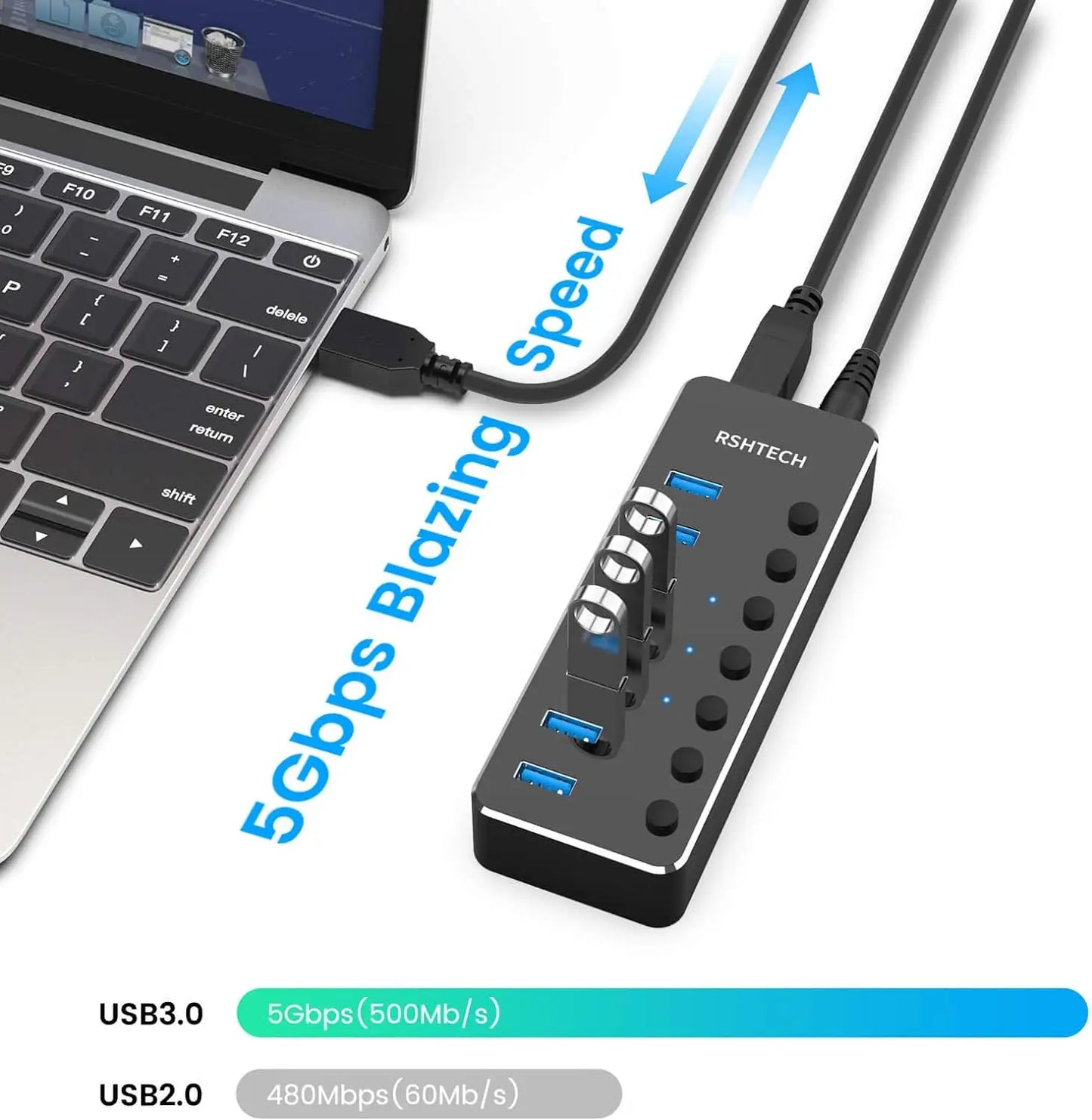 RSHTECH USB 3.0 Hub Aluminum 5Gbps USB Splitter On/Off Switch