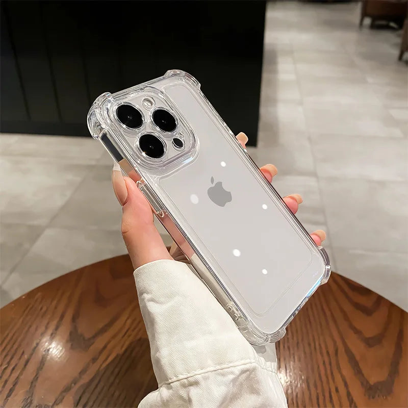 Shockproof Phone Case for iPhone 11 12 13 14 15 16 Pro Max Plus Transparent Bumper Acrylic Hard Back Cover Silver Button