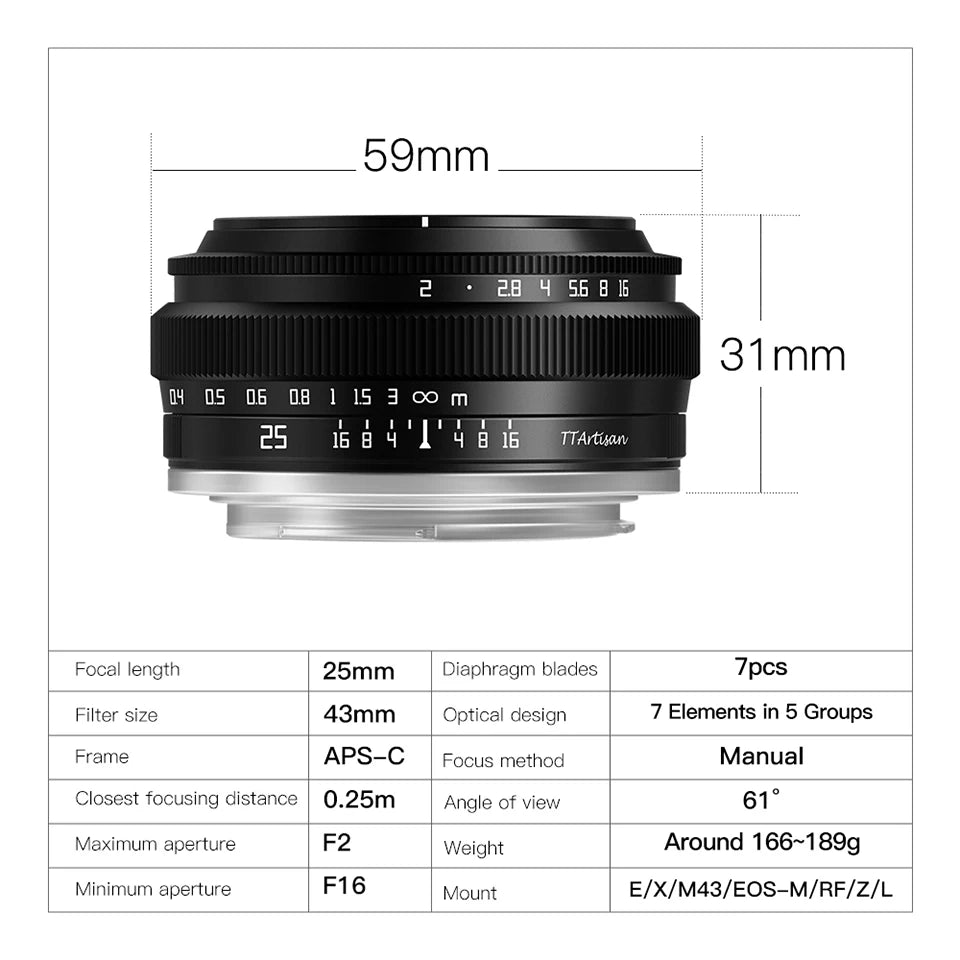 25mm F2.0 APS-C MF Portrait Photography Camera Lens