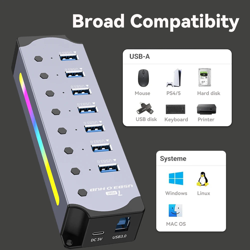 High Speed RGB 7 Ports USB 3.0 HUB Individual Switch