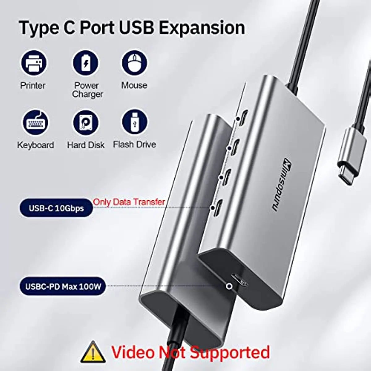 10Gbps Hub USB Type C to USB 3.2 PD 100W Adapter