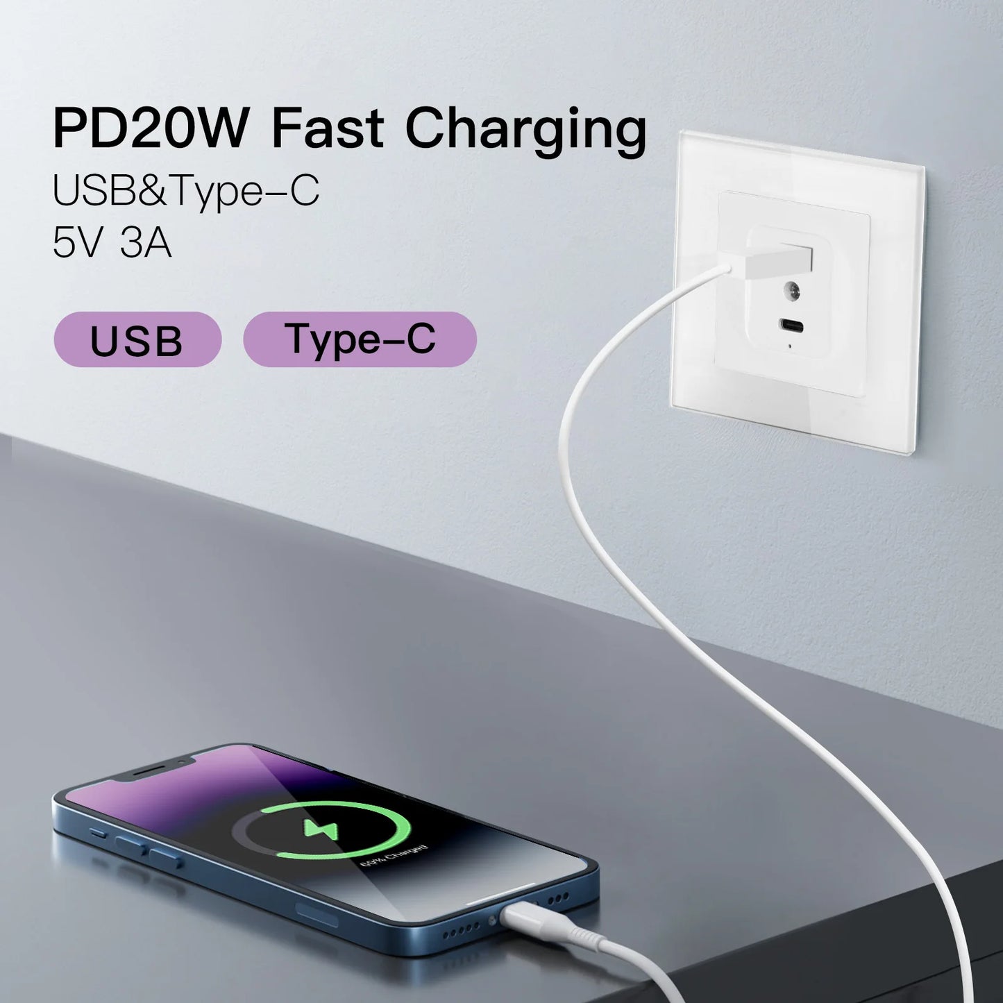 Universal 2 Port Wall USB Type-C Socket PD20W Fast Charge