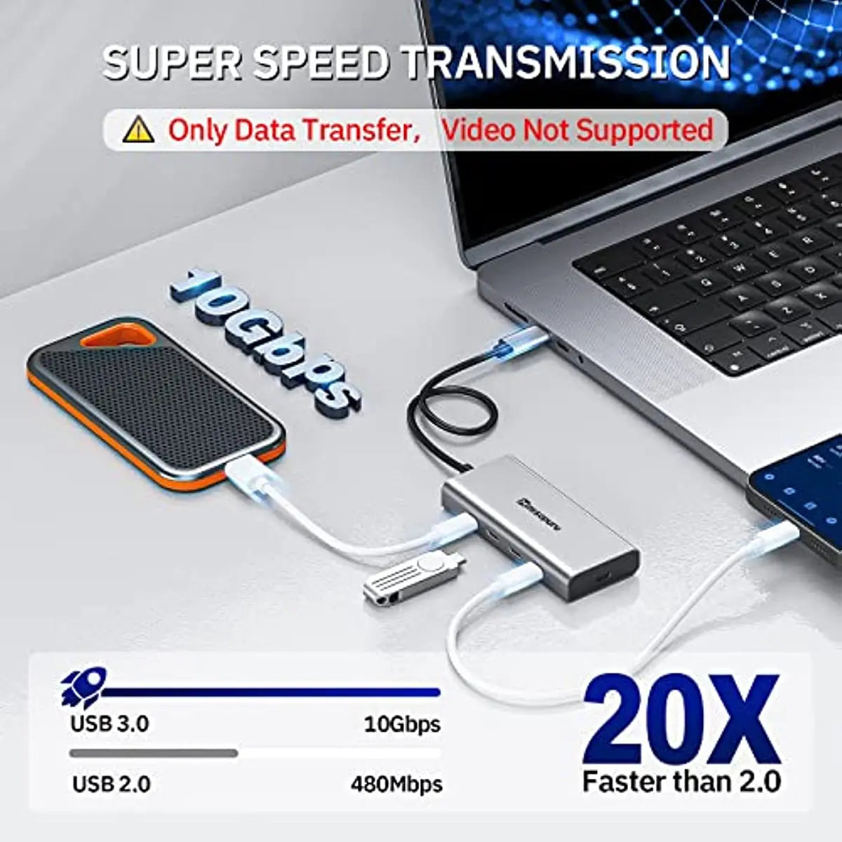 10Gbps Hub USB Type C to USB 3.2 PD 100W Adapter