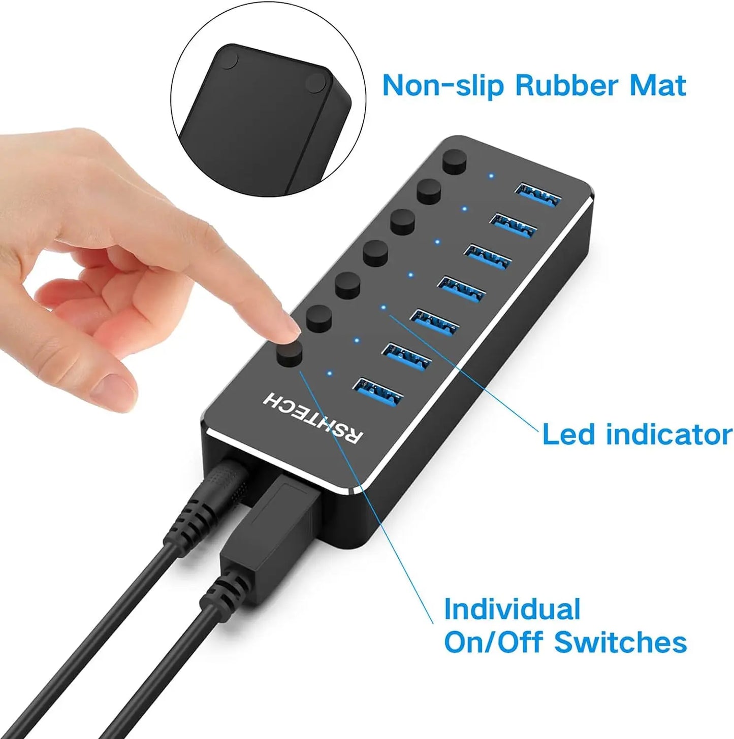 RSHTECH USB 3.0 Hub Aluminum 5Gbps USB Splitter On/Off Switch