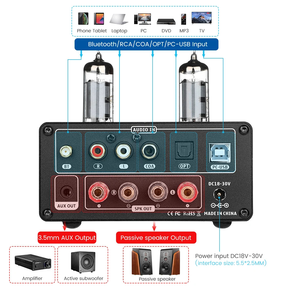 AIYIMA T9 HiFi Bluetooth 5.0 Vacuum Tube Amplifier