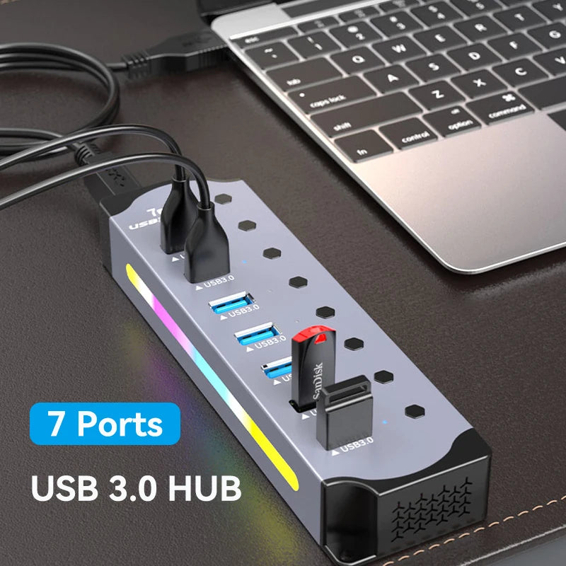 High Speed RGB 7 Ports USB 3.0 HUB Individual Switch