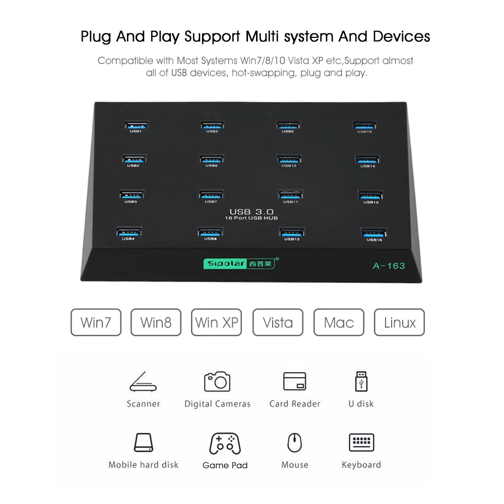 Sipolar A-163 16 Ports Industrial USB 3.0 Duplicator Hub