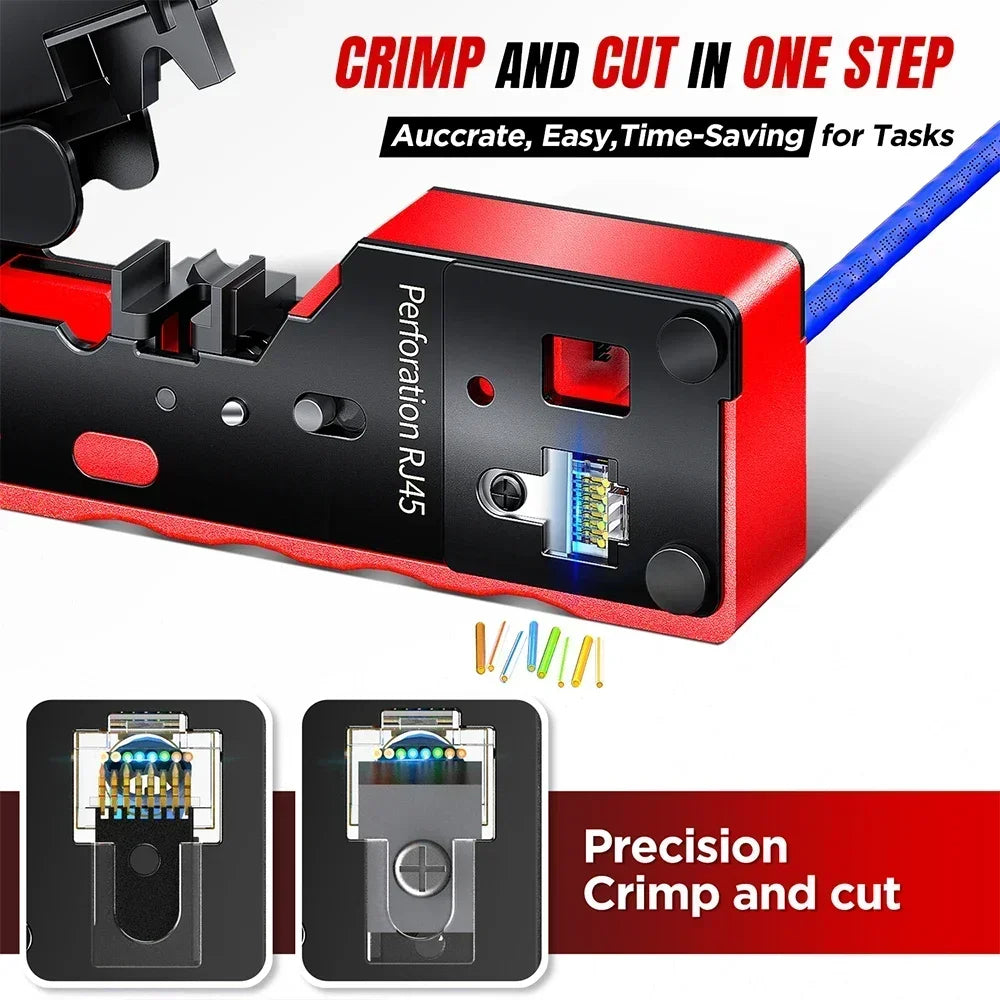 AMPCOM Cat 7 NETWORK CRIMPING Tool CRIMP/CUT/TRIM/STRIP 4-IN-1 Works with All RJ45/RJ11 Connectors Crimping Tool With two blades