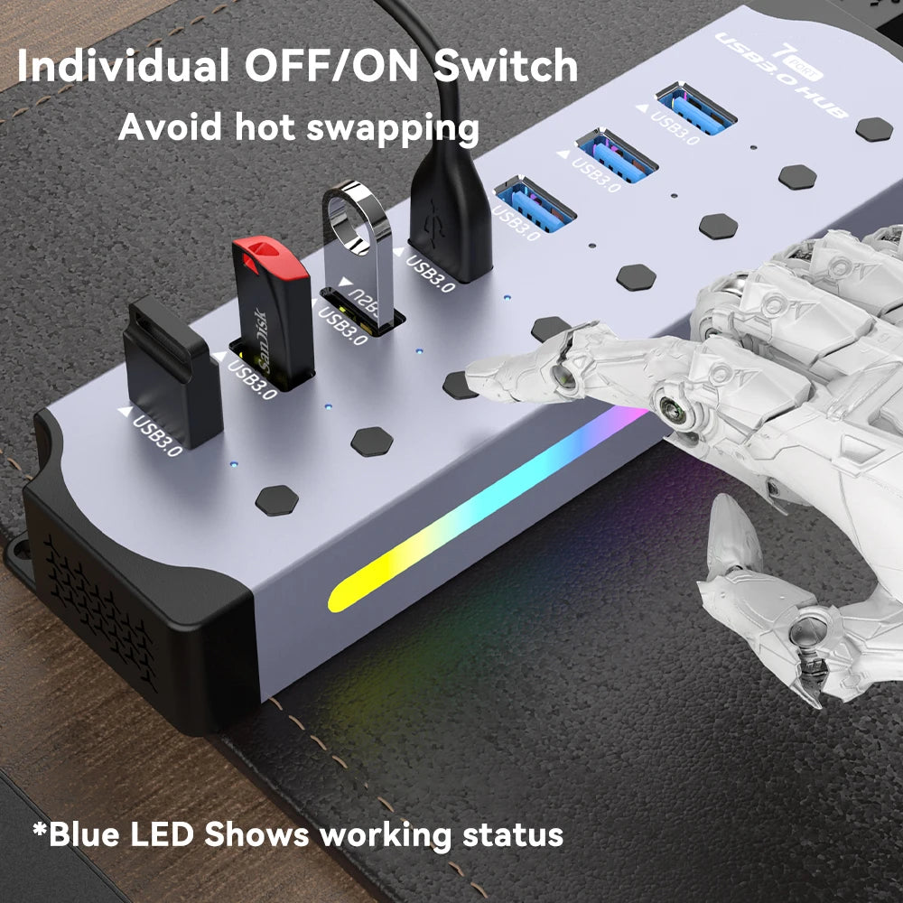 High Speed RGB 7 Ports USB 3.0 HUB Individual Switch